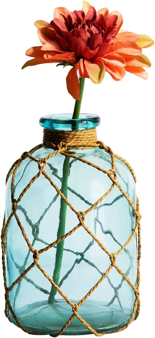 Rustic Glass Bottle Vase Decorative Blue Flower Vase with Creative Rope Net (Small)