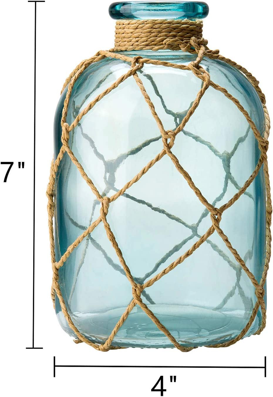 Rustic Glass Bottle Vase Decorative Blue Flower Vase with Creative Rope Net (Small)