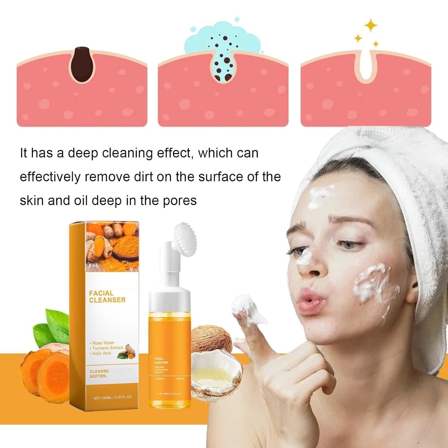 2 Pcs Turmeric Glow Wash Face Wash with Brush, Deep Cleansing Facial Skin Turmeric Foaming Face Wash.