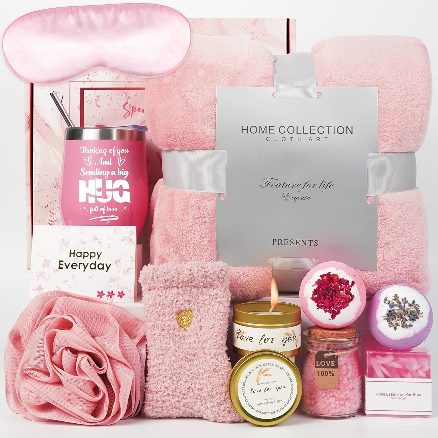 Thinking of You Gifts - Thinking of You Gifts for Women Get Well Soon Gifts for Her Self Care Gifts Package with Flannel Blanket Bath Loofah Relaxing Spa Gift Box Basket for Mom Sister Best Friends