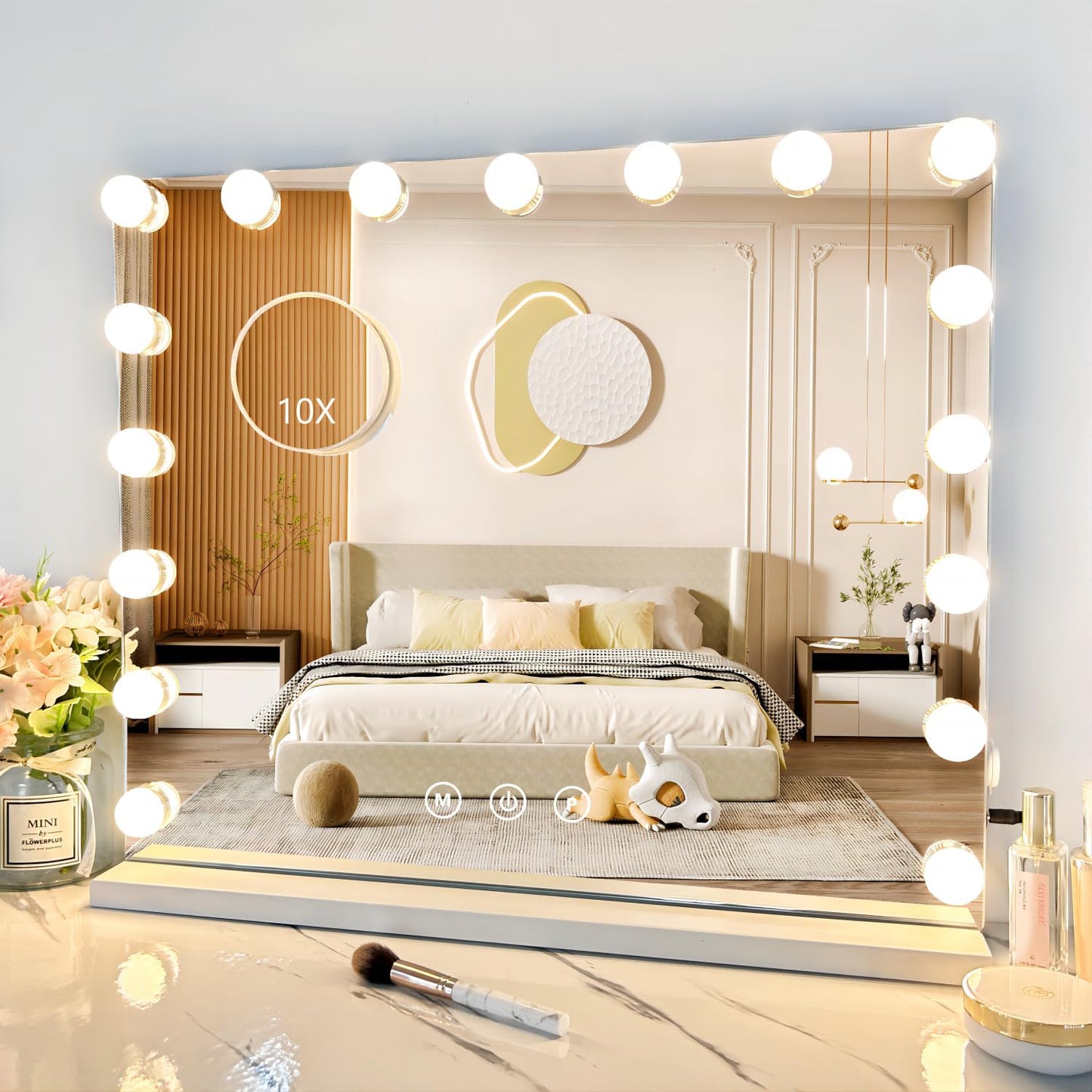 Vanity Mirror with Lights,Makeup Mirror with Lights with 17 Dimmable LED Bulbs, 3 Color Lighting Modes Detachable 10X Magnification Mirror Touch Control, 23.6X19,7 Inch, White