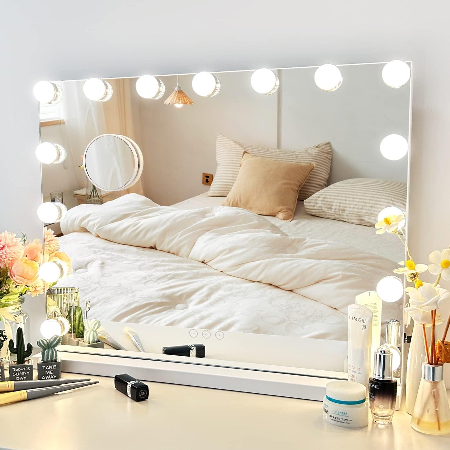 Vanity Mirror with Lights,Makeup Mirror with Lights with 17 Dimmable LED Bulbs, 3 Color Lighting Modes Detachable 10X Magnification Mirror Touch Control, 23.6X19,7 Inch, White