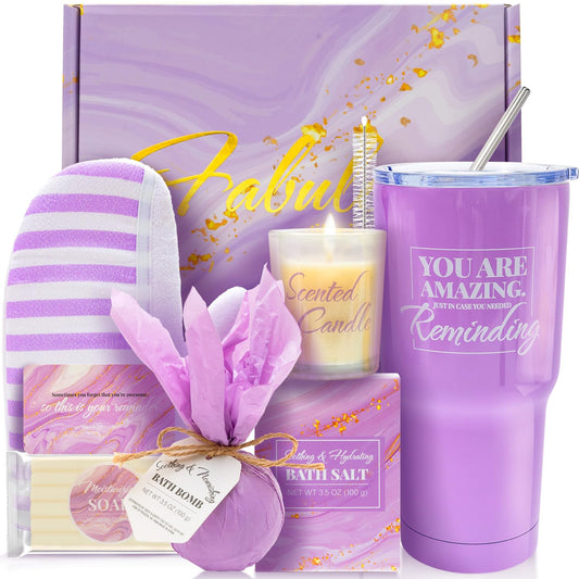 Bath Sets for Women Gift  Gift Baskets for Women 8Pcs Lavender Bath and Body Gift Sets for Women with 20Oz Vacuum Insulated Tumbler Birthday Gifts for Women