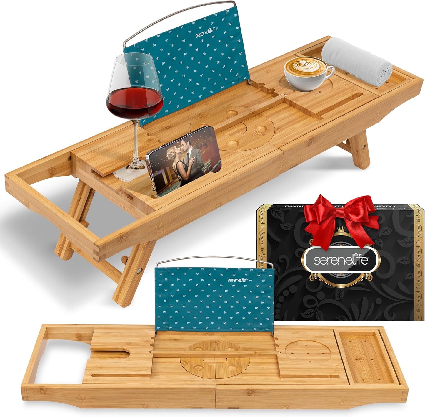 Bath Caddy Breakfast Tray Combo - Natural Bamboo Wood Waterproof Tub and Bed with Folding Slide-Out Arms, Device Grooves, Wine Glass Soap Holder