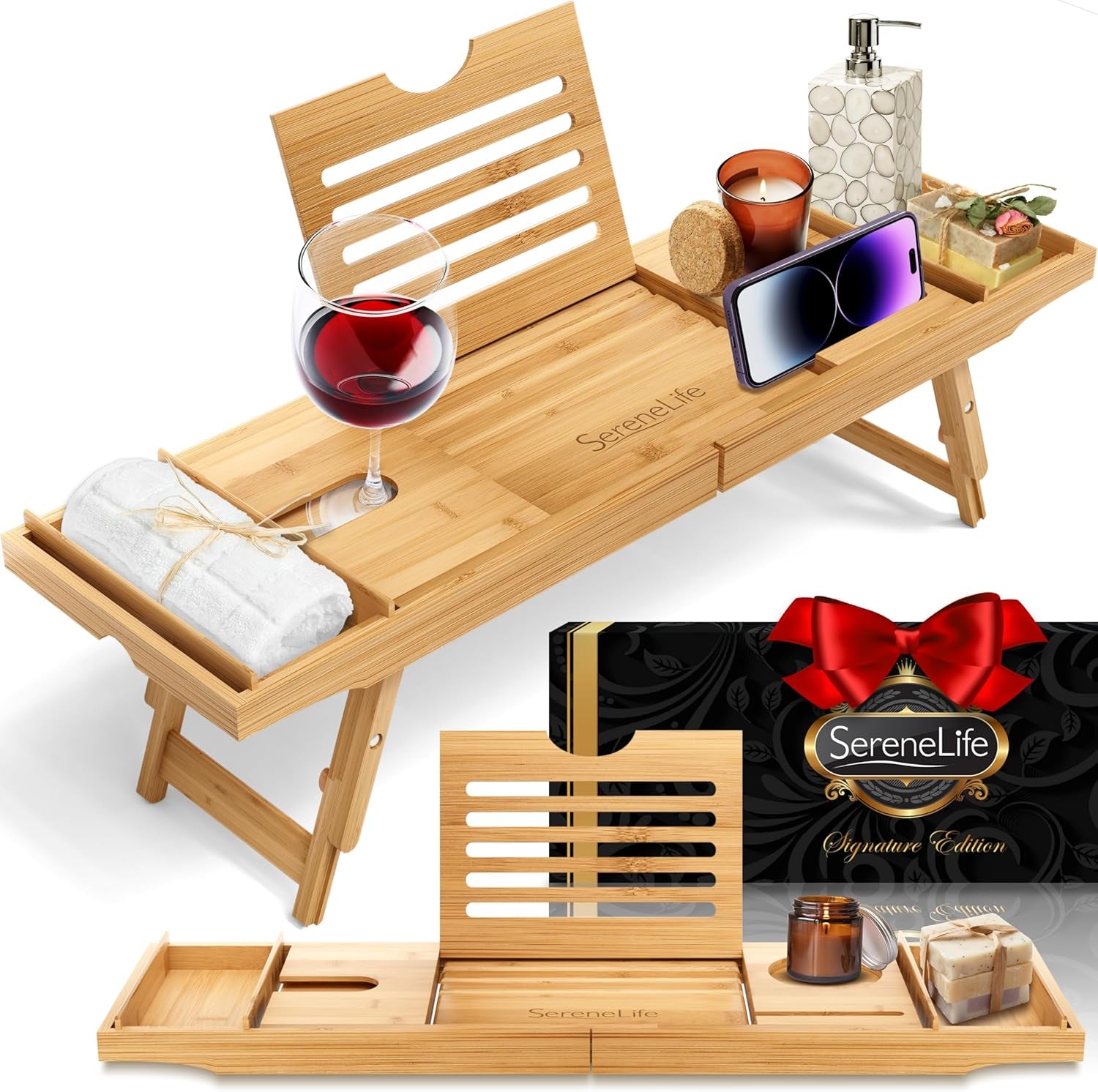 Bath Caddy Breakfast Tray Combo - Natural Bamboo Wood Waterproof Tub and Bed with Folding Slide-Out Arms, Device Grooves, Wine Glass Soap Holder