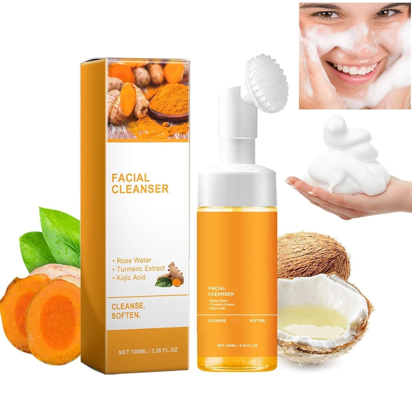 2 Pcs Turmeric Glow Wash Face Wash with Brush, Deep Cleansing Facial Skin Turmeric Foaming Face Wash.