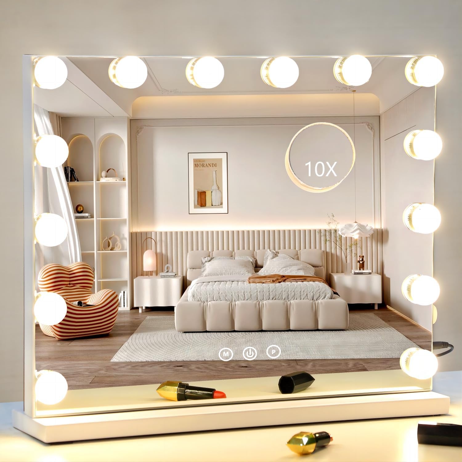 Vanity Mirror with Lights,Makeup Mirror with Lights with 17 Dimmable LED Bulbs, 3 Color Lighting Modes Detachable 10X Magnification Mirror Touch Control, 23.6X19,7 Inch, White